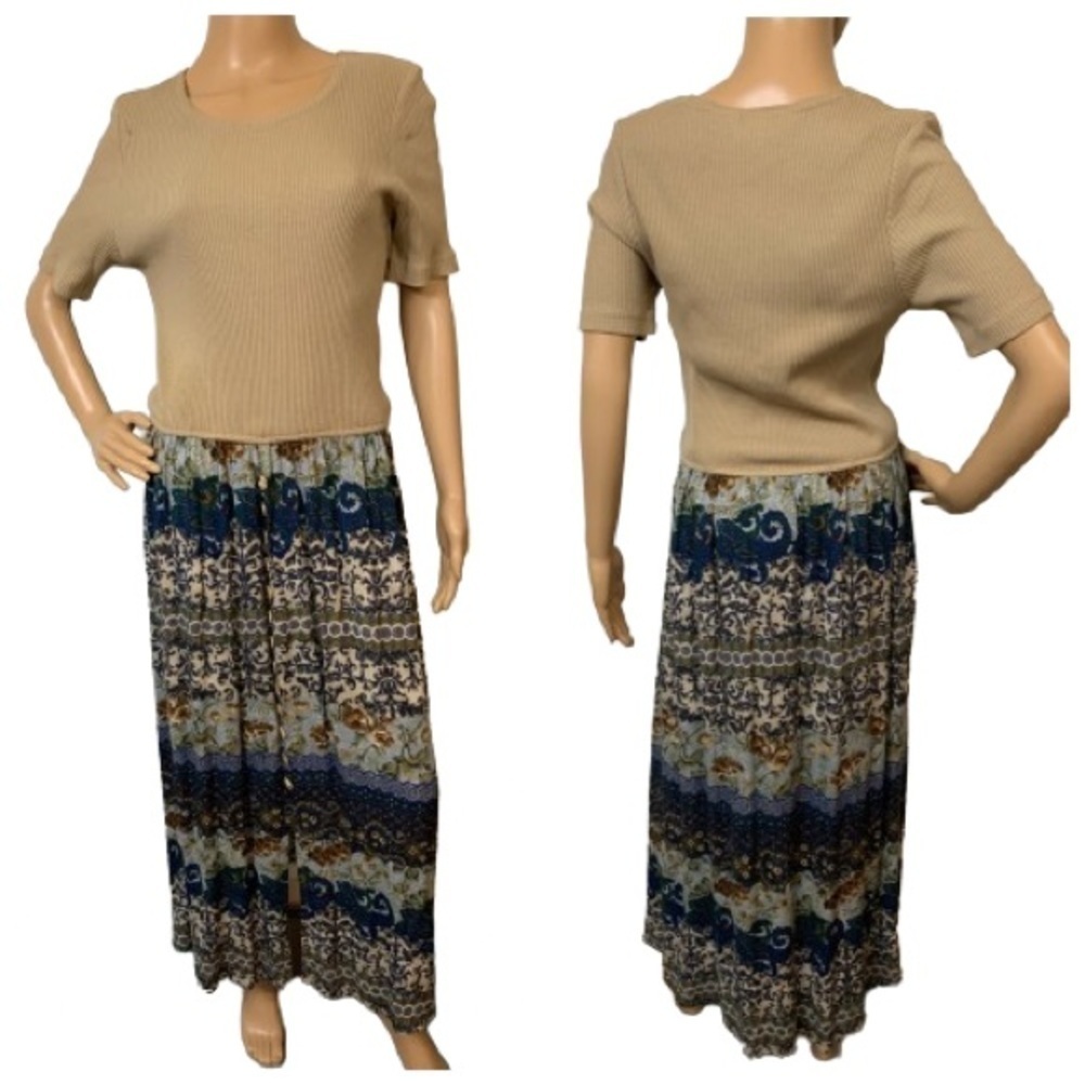 Vintage 1990s Boho Two Toned Floral Patterned Maxi Dress Size 14